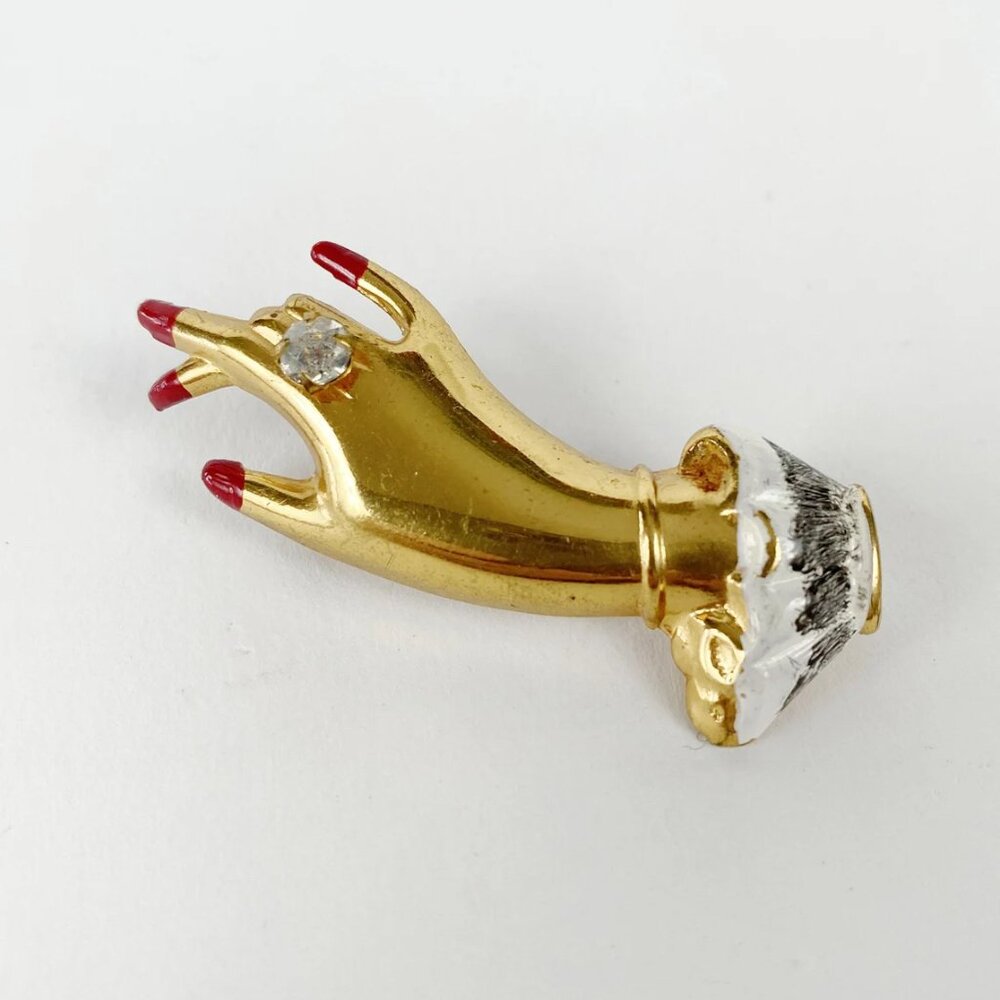 1950s Vintage Victorian Revival Figural Hand Hand-Painted Gold Brooch - Picture 1 of 4
